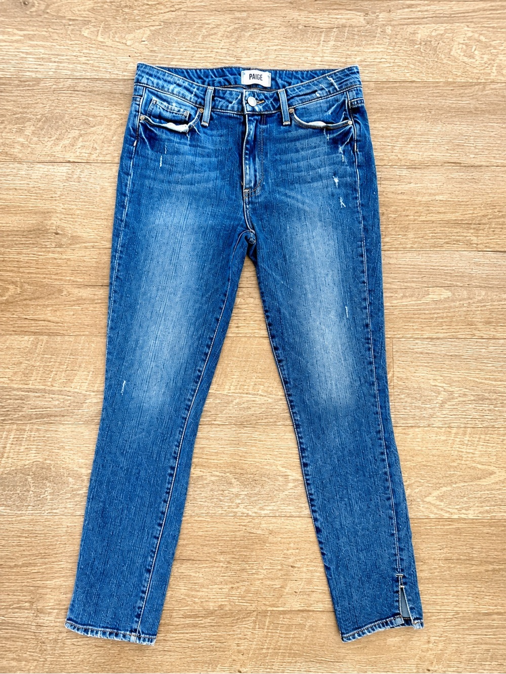 PAIGE Hoxton Ankle Peg Jeans 27 High Rise Distressed Side Slit Medium Wash